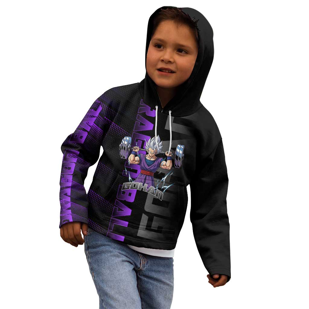 Gohan Dragon Ball Gym Theme Kid Hoodie with Dumbbell Power Lift and Electric Aura on Black and Purple Design - The Mazicc