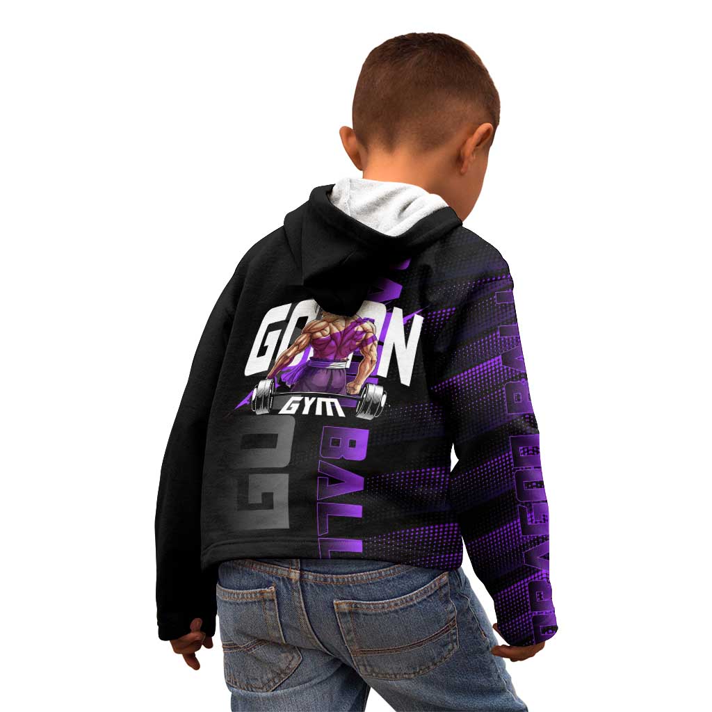 Gohan Dragon Ball Gym Theme Kid Hoodie with Dumbbell Power Lift and Electric Aura on Black and Purple Design - The Mazicc