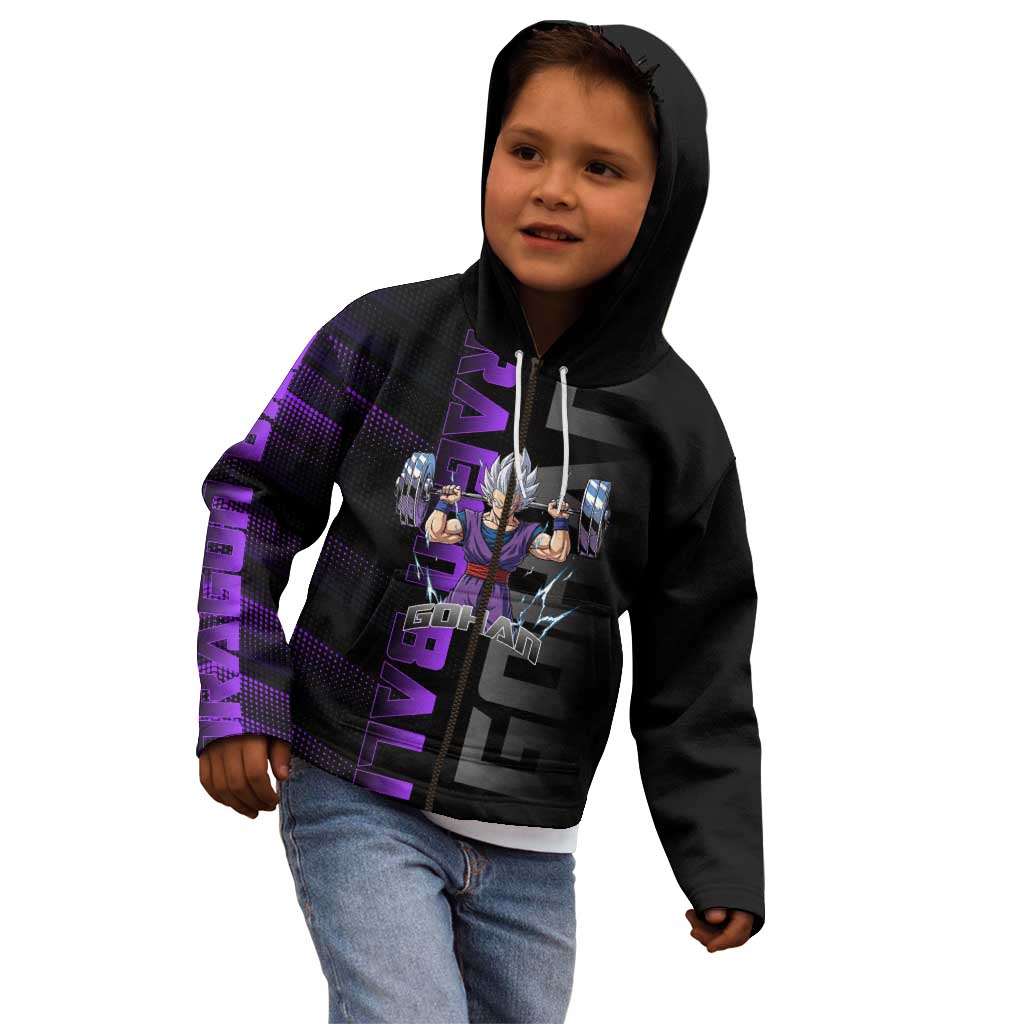 Gohan Dragon Ball Gym Theme Kid Hoodie with Dumbbell Power Lift and Electric Aura on Black and Purple Design - The Mazicc