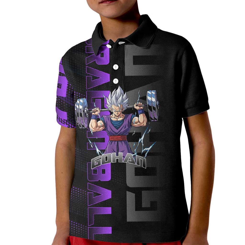 Gohan Dragon Ball Gym Theme Kid Polo Shirt with Dumbbell Power Lift and Electric Aura on Black and Purple Design - The Mazicc