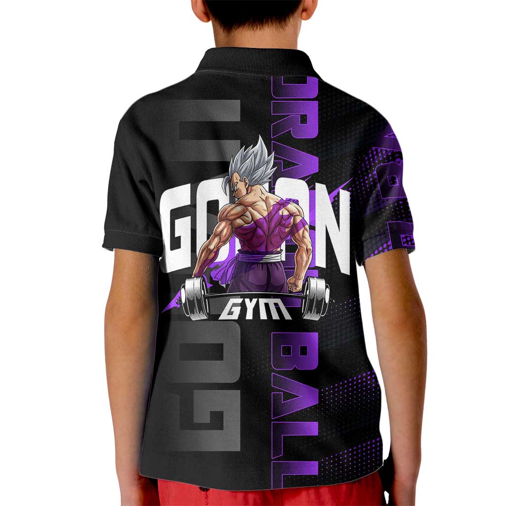 Gohan Dragon Ball Gym Theme Kid Polo Shirt with Dumbbell Power Lift and Electric Aura on Black and Purple Design - The Mazicc