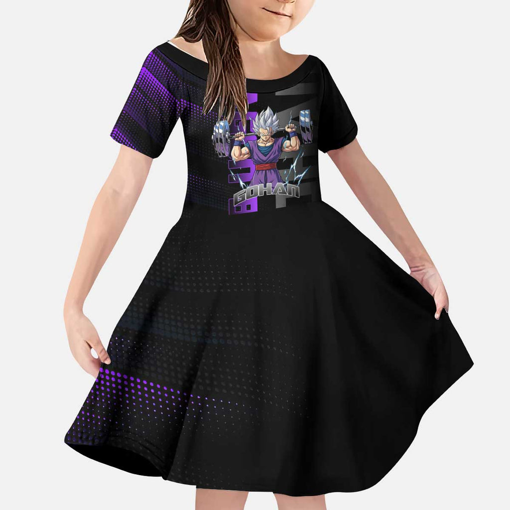 Gohan Dragon Ball Gym Theme Kid Short Sleeve Dress with Dumbbell Power Lift and Electric Aura on Black and Purple Design - The Mazicc