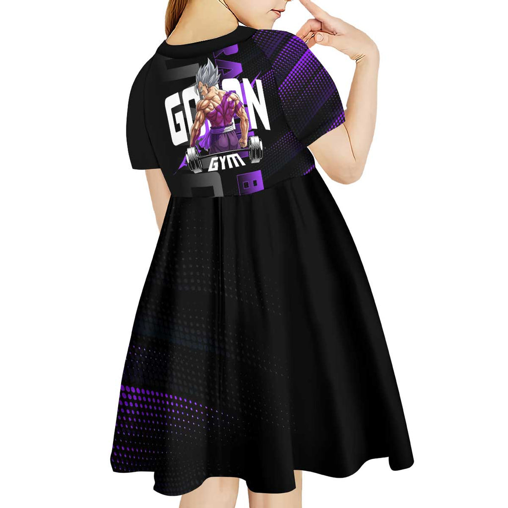 Gohan Dragon Ball Gym Theme Kid Short Sleeve Dress with Dumbbell Power Lift and Electric Aura on Black and Purple Design - The Mazicc