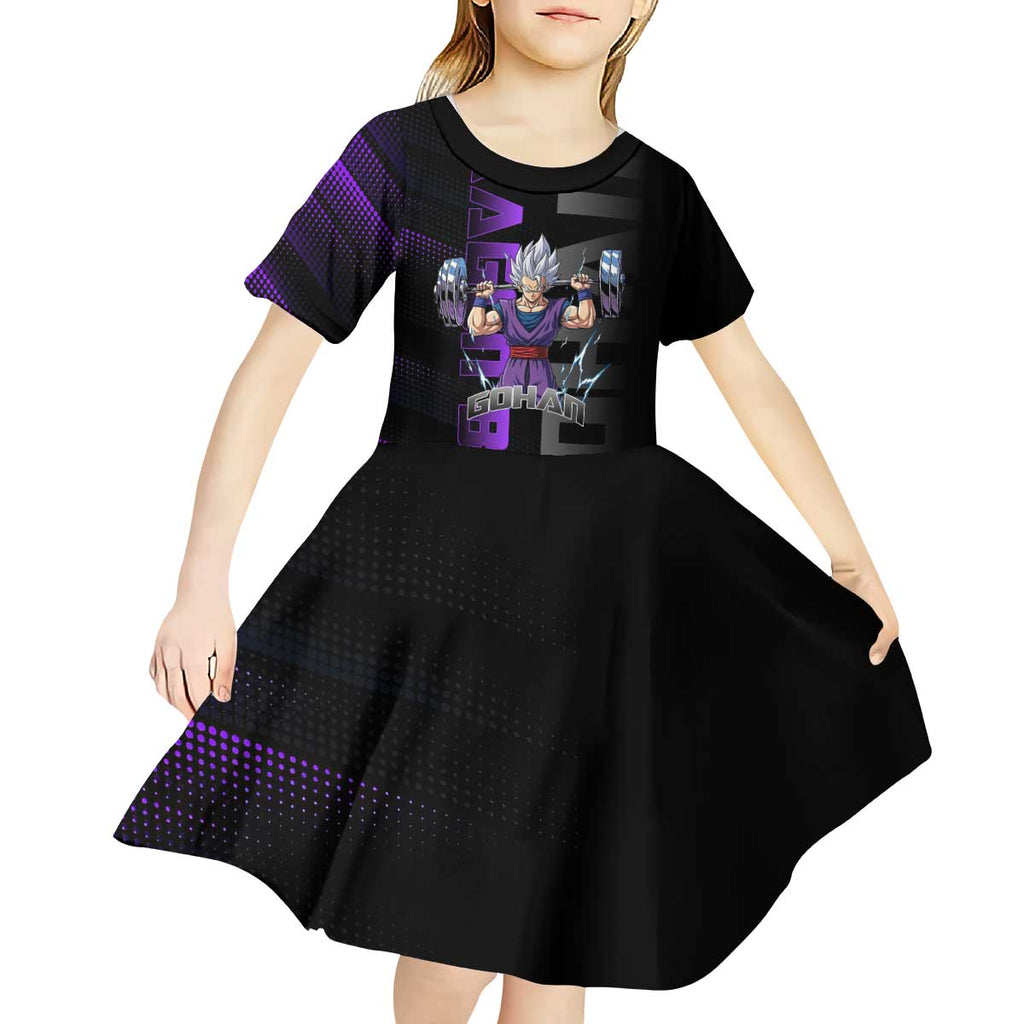 Gohan Dragon Ball Gym Theme Kid Short Sleeve Dress with Dumbbell Power Lift and Electric Aura on Black and Purple Design - The Mazicc