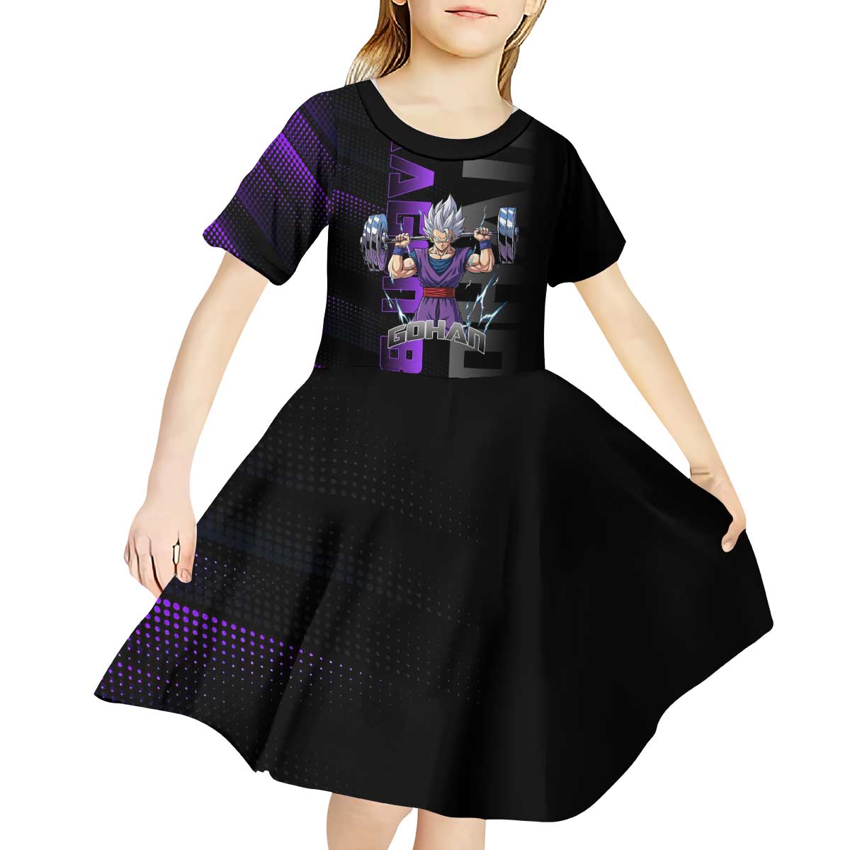Gohan Dragon Ball Gym Theme Kid Short Sleeve Dress with Dumbbell Power Lift and Electric Aura on Black and Purple Design - The Mazicc