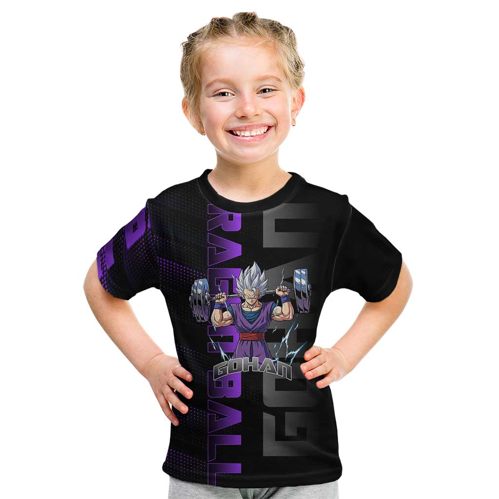 Gohan Dragon Ball Gym Theme Kid T Shirt with Dumbbell Power Lift and Electric Aura on Black and Purple Design - The Mazicc