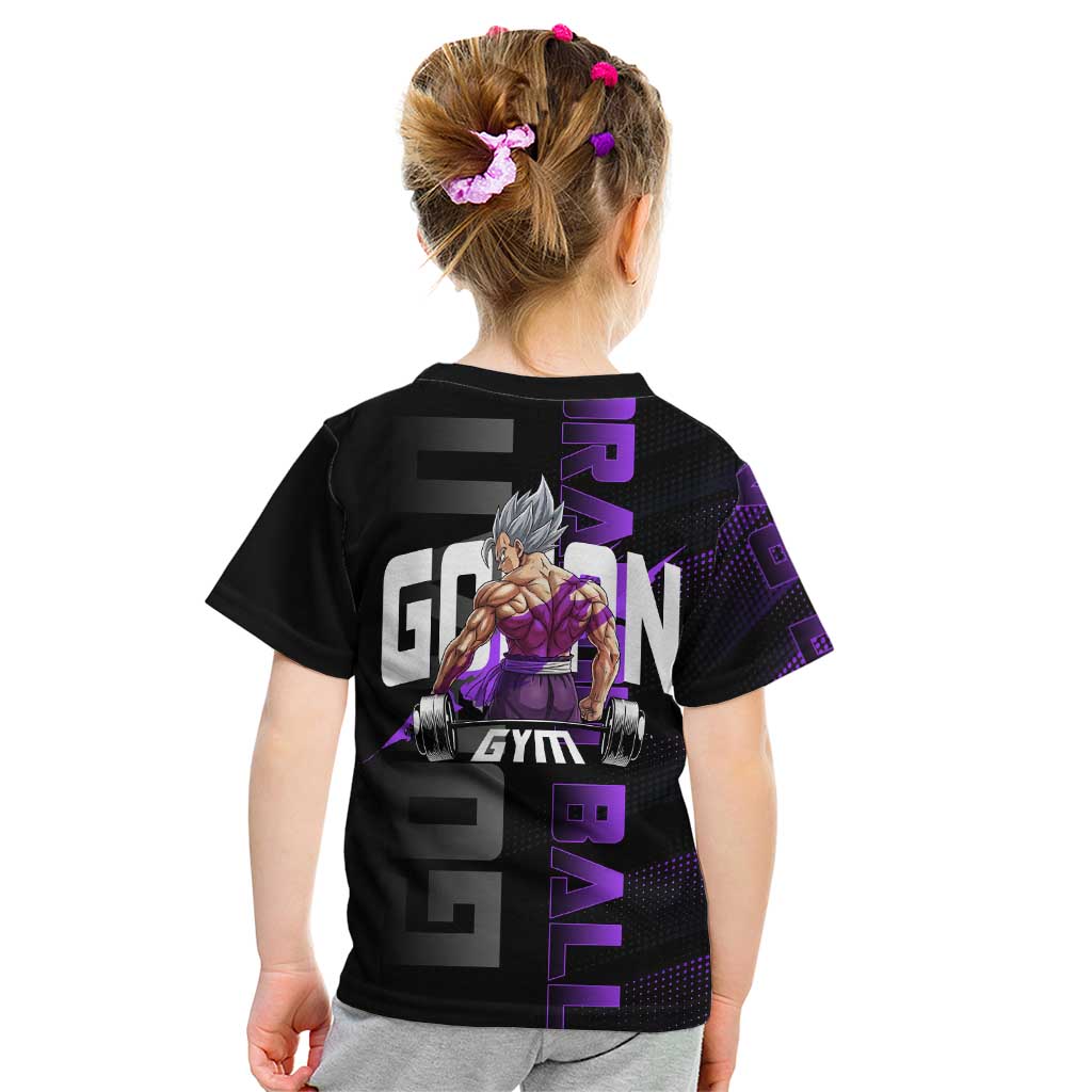 Gohan Dragon Ball Gym Theme Kid T Shirt with Dumbbell Power Lift and Electric Aura on Black and Purple Design - The Mazicc