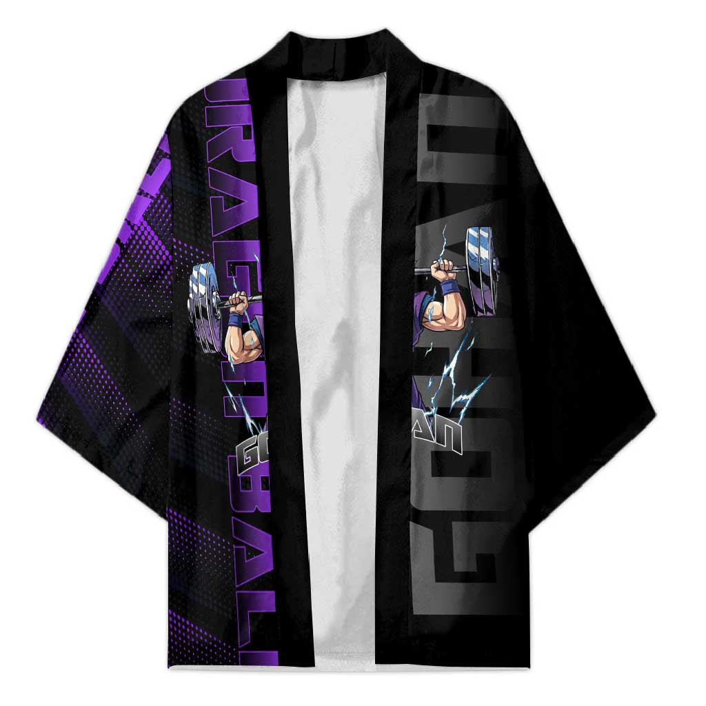 Gohan Dragon Ball Gym Theme Kimono with Dumbbell Power Lift and Electric Aura on Black and Purple Design - The Mazicc