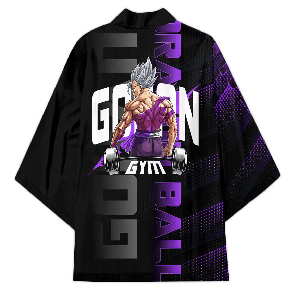 Gohan Dragon Ball Gym Theme Kimono with Dumbbell Power Lift and Electric Aura on Black and Purple Design - The Mazicc