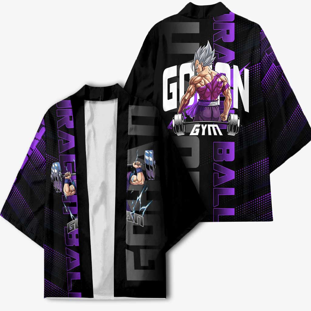 Gohan Dragon Ball Gym Theme Kimono with Dumbbell Power Lift and Electric Aura on Black and Purple Design - The Mazicc