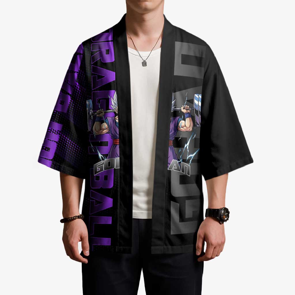 Gohan Dragon Ball Gym Theme Kimono with Dumbbell Power Lift and Electric Aura on Black and Purple Design - The Mazicc