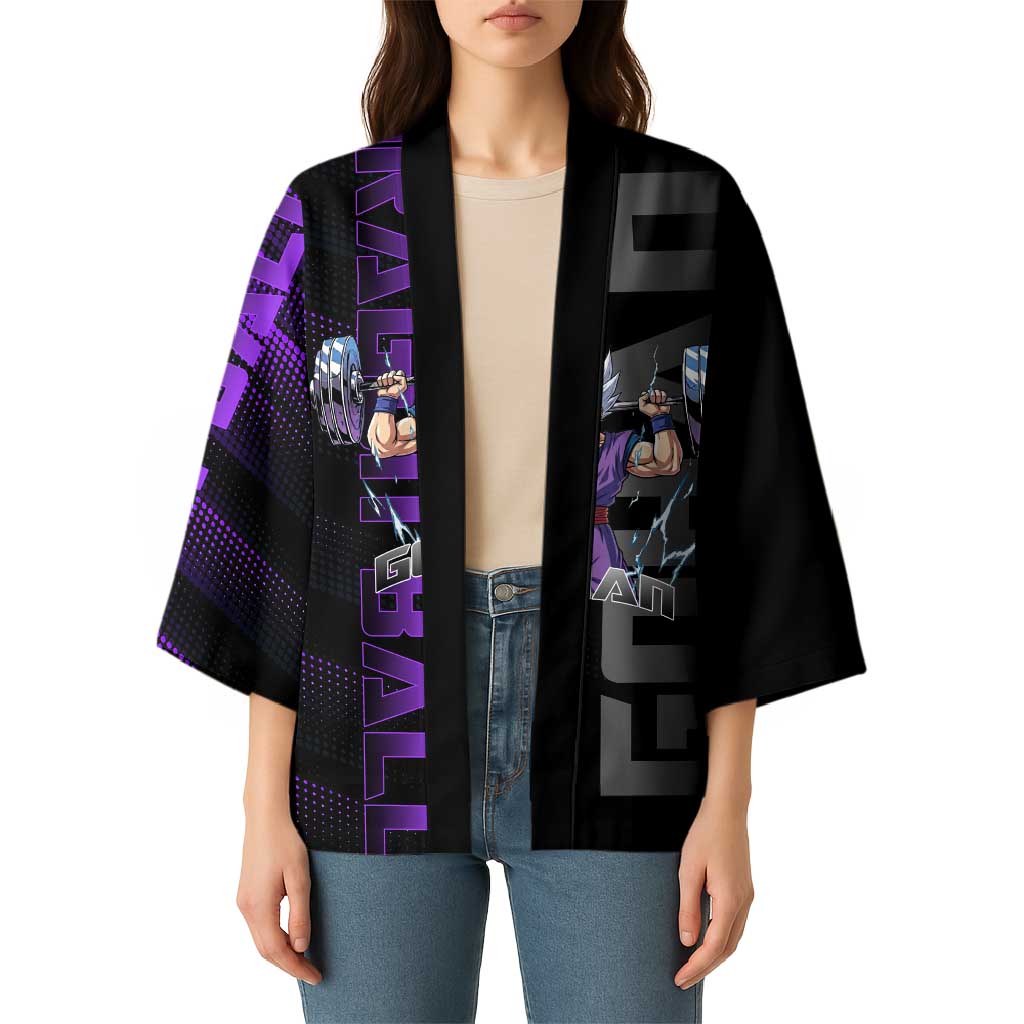 Gohan Dragon Ball Gym Theme Kimono with Dumbbell Power Lift and Electric Aura on Black and Purple Design - The Mazicc