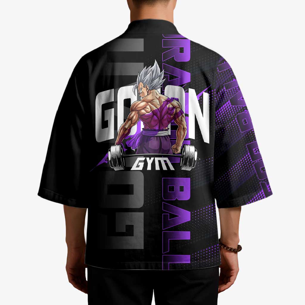 Gohan Dragon Ball Gym Theme Kimono with Dumbbell Power Lift and Electric Aura on Black and Purple Design - The Mazicc