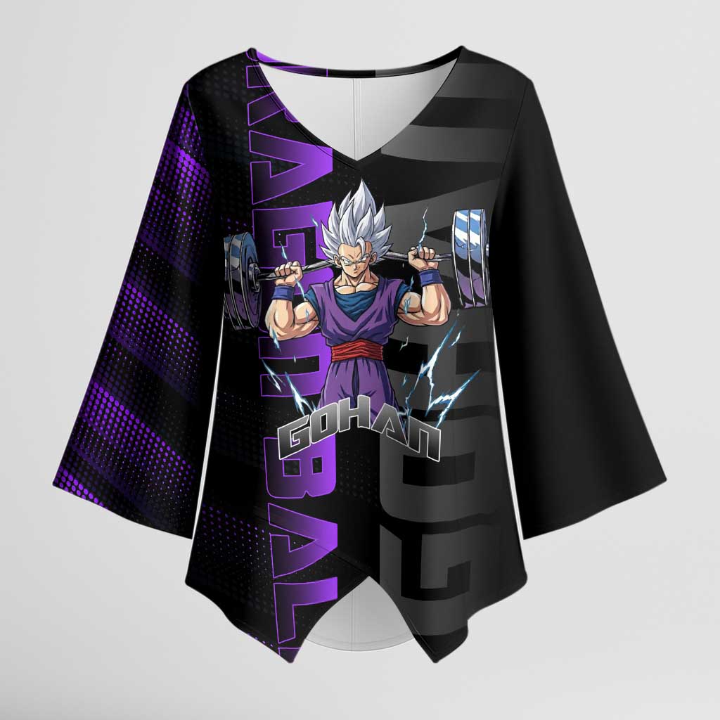 Gohan Dragon Ball Gym Theme Kimono Sleeve Blouse with Dumbbell Power Lift and Electric Aura on Black and Purple Design - The Mazicc