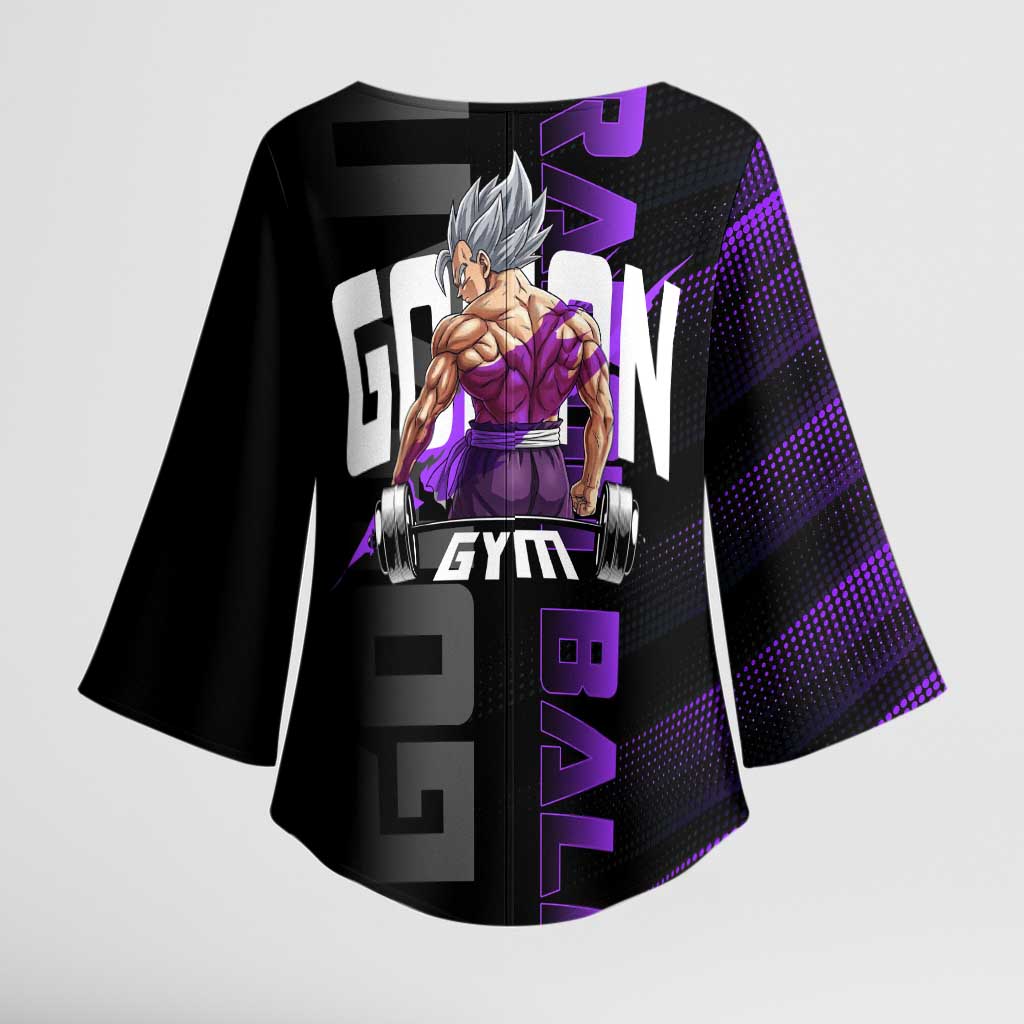Gohan Dragon Ball Gym Theme Kimono Sleeve Blouse with Dumbbell Power Lift and Electric Aura on Black and Purple Design - The Mazicc