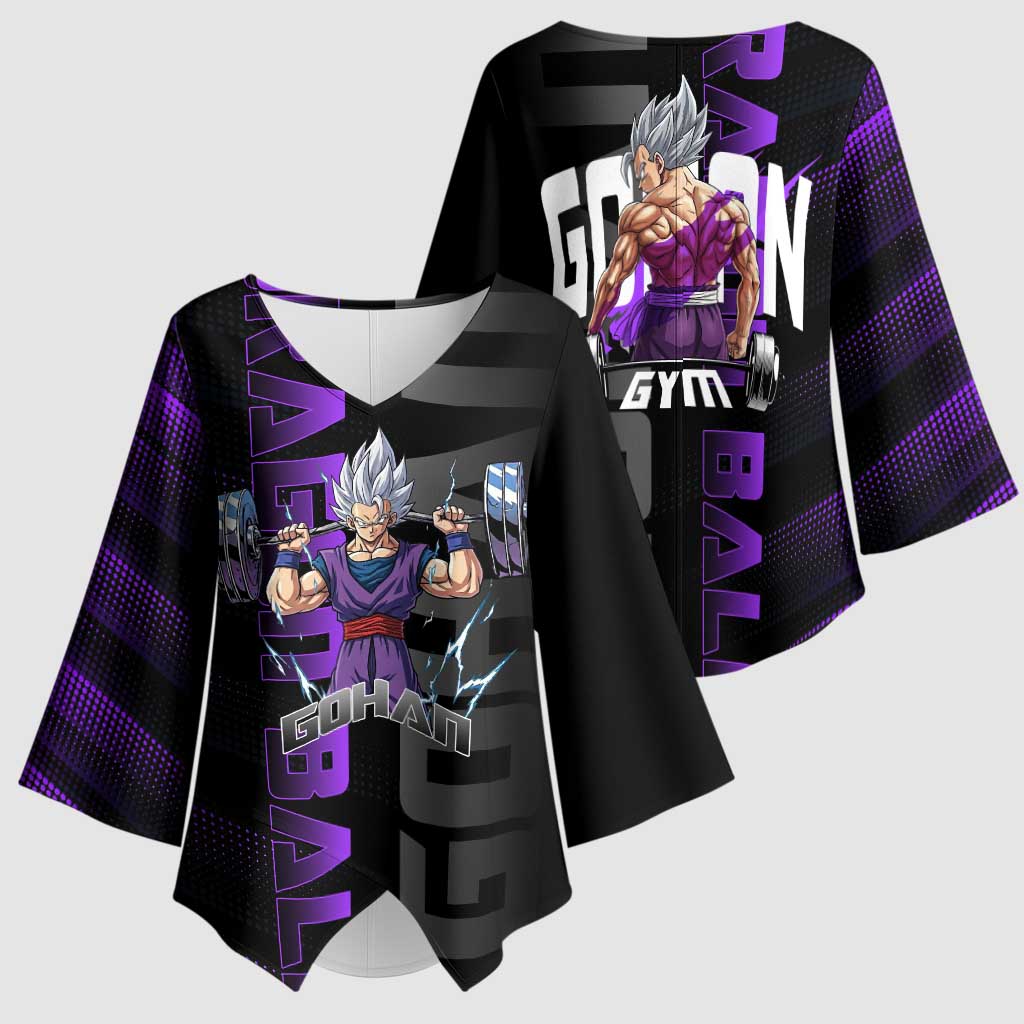 Gohan Dragon Ball Gym Theme Kimono Sleeve Blouse with Dumbbell Power Lift and Electric Aura on Black and Purple Design - The Mazicc