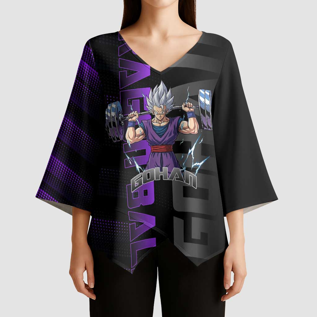 Gohan Dragon Ball Gym Theme Kimono Sleeve Blouse with Dumbbell Power Lift and Electric Aura on Black and Purple Design - The Mazicc