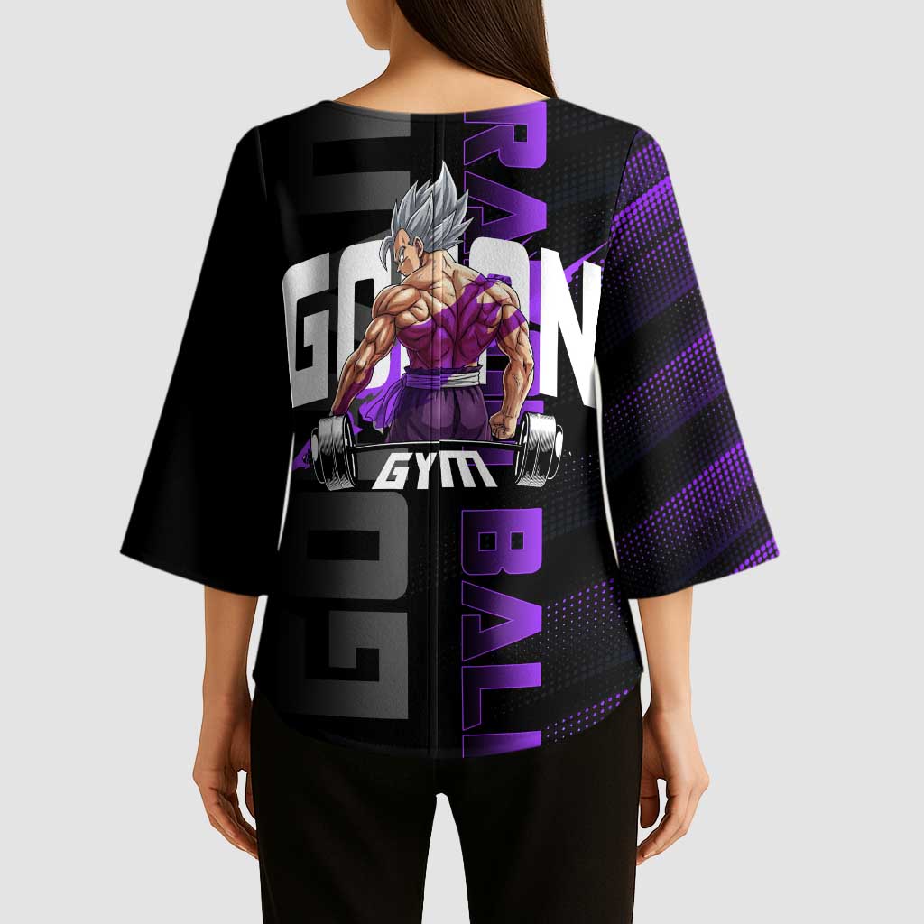 Gohan Dragon Ball Gym Theme Kimono Sleeve Blouse with Dumbbell Power Lift and Electric Aura on Black and Purple Design - The Mazicc