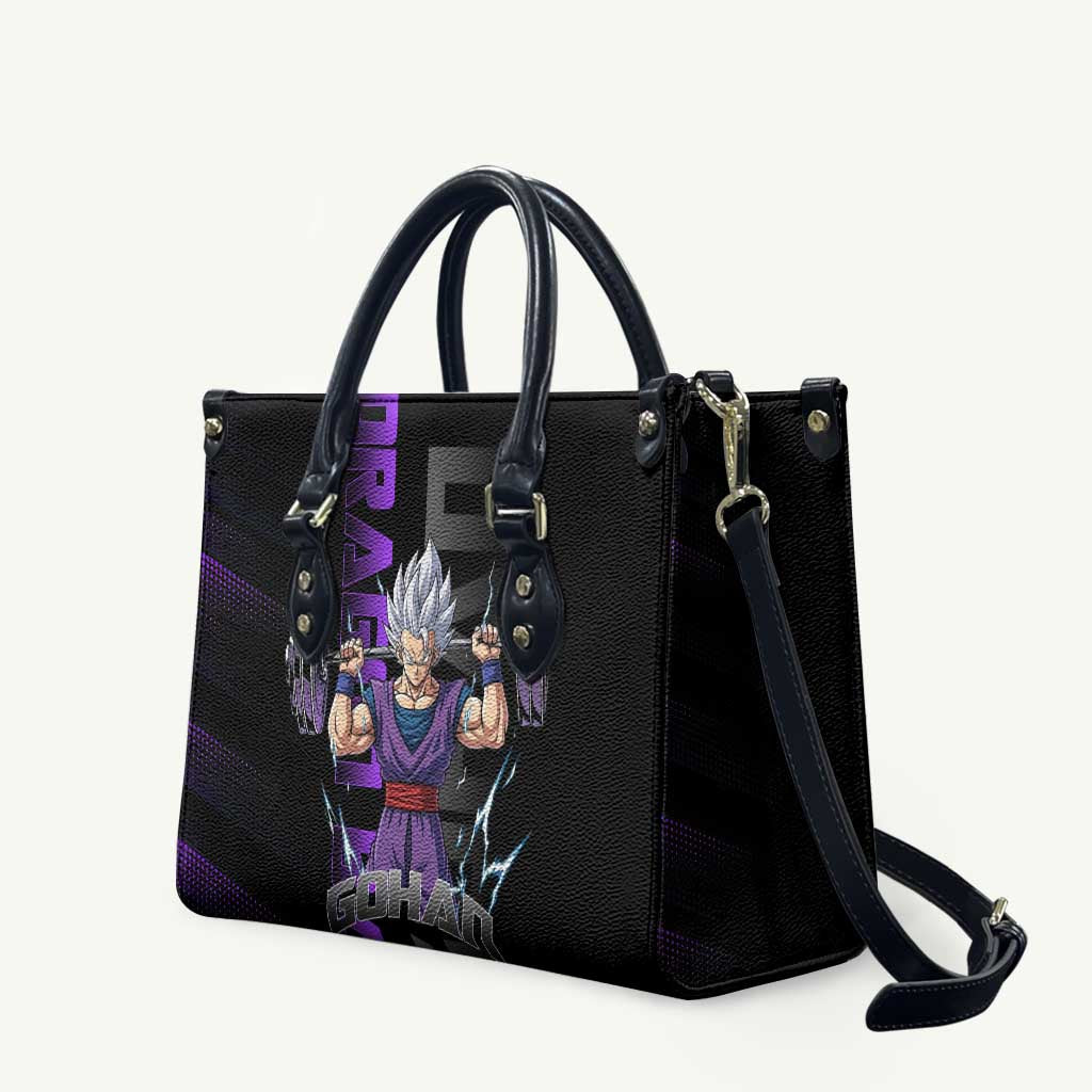 Gohan Dragon Ball Gym Theme Leather Bag with Dumbbell Power Lift and Electric Aura on Black and Purple Design - The Mazicc