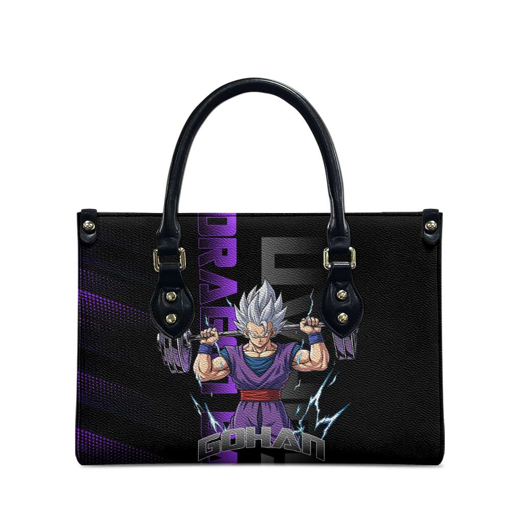 Gohan Dragon Ball Gym Theme Leather Bag with Dumbbell Power Lift and Electric Aura on Black and Purple Design - The Mazicc