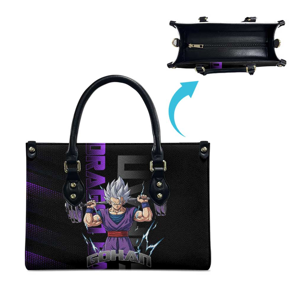 Gohan Dragon Ball Gym Theme Leather Bag with Dumbbell Power Lift and Electric Aura on Black and Purple Design - The Mazicc