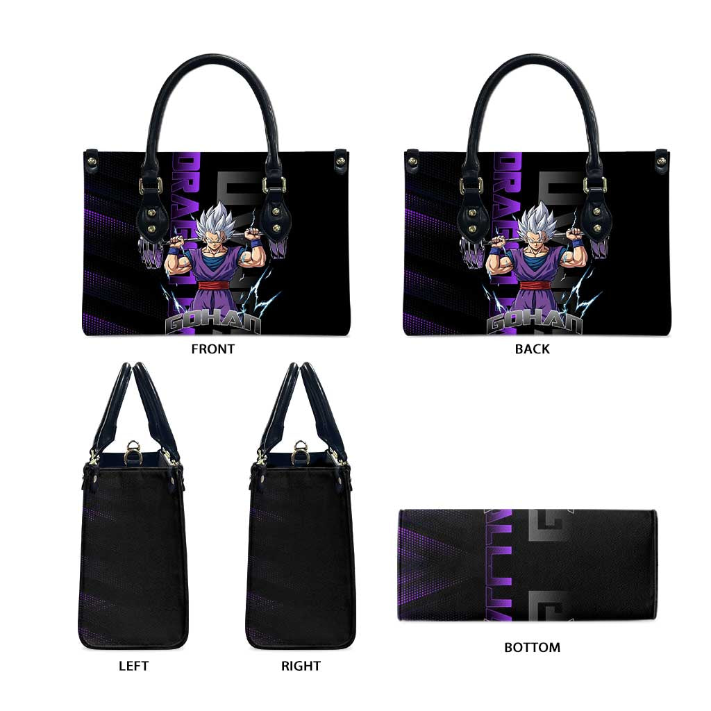Gohan Dragon Ball Gym Theme Leather Bag with Dumbbell Power Lift and Electric Aura on Black and Purple Design - The Mazicc