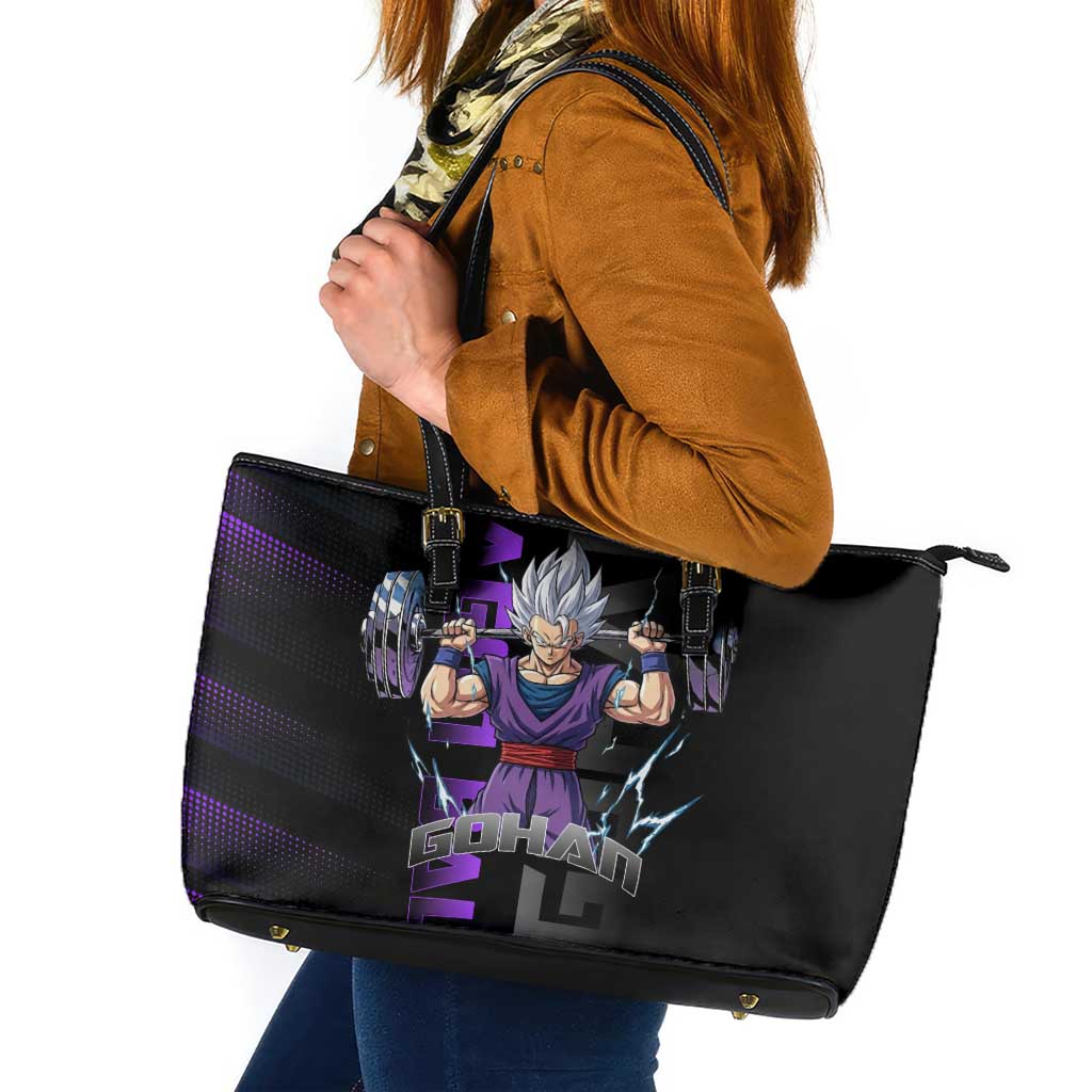 Gohan Dragon Ball Gym Theme Leather Tote Bag with Dumbbell Power Lift and Electric Aura on Black and Purple Design - The Mazicc