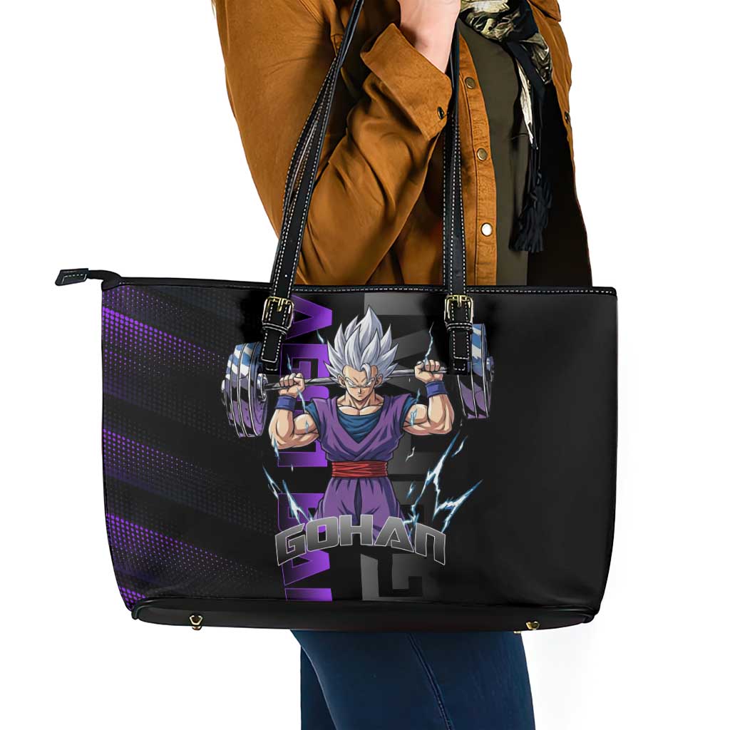 Gohan Dragon Ball Gym Theme Leather Tote Bag with Dumbbell Power Lift and Electric Aura on Black and Purple Design - The Mazicc