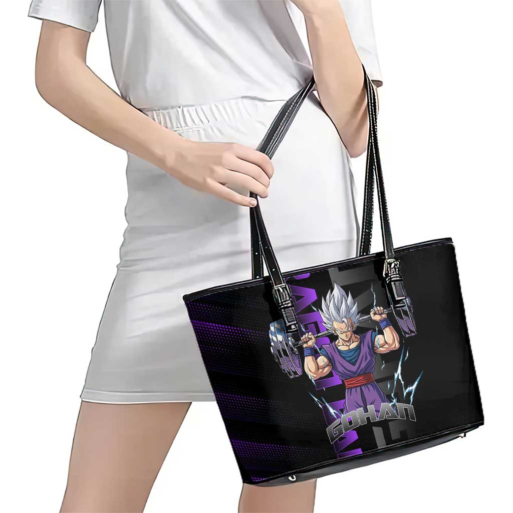 Gohan Dragon Ball Gym Theme Leather Tote Bag with Dumbbell Power Lift and Electric Aura on Black and Purple Design - The Mazicc