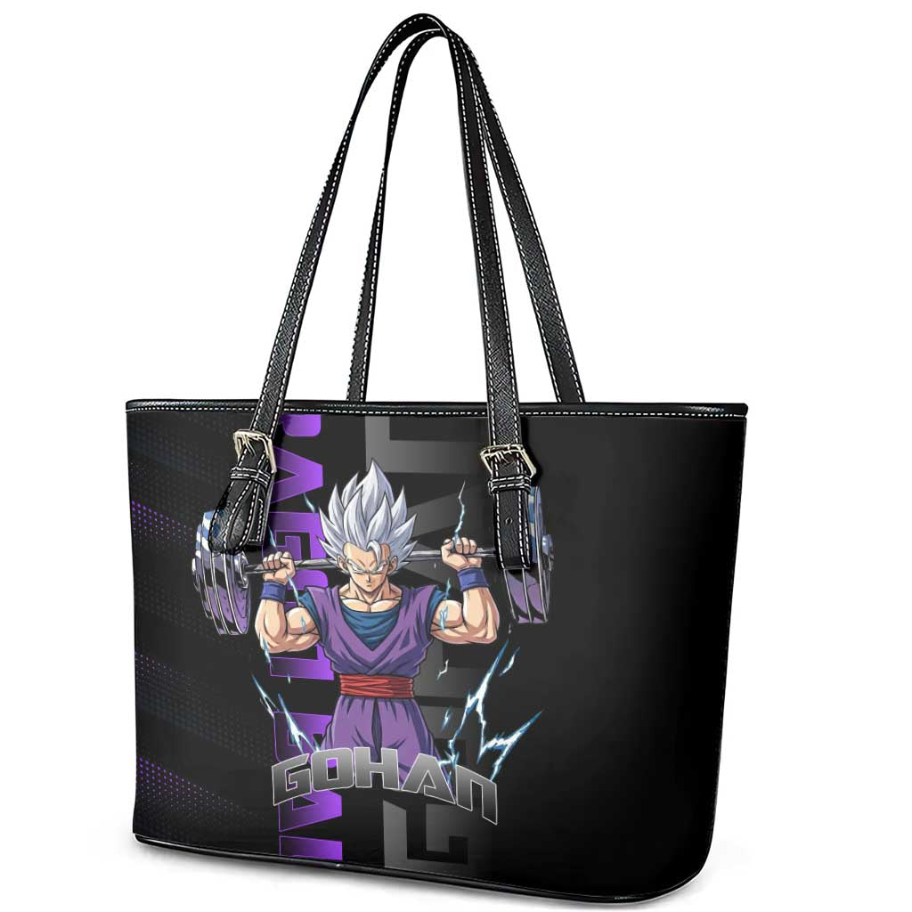 Gohan Dragon Ball Gym Theme Leather Tote Bag with Dumbbell Power Lift and Electric Aura on Black and Purple Design - The Mazicc