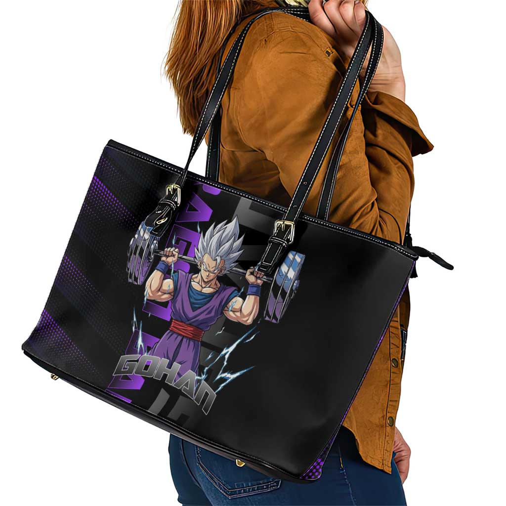Gohan Dragon Ball Gym Theme Leather Tote Bag with Dumbbell Power Lift and Electric Aura on Black and Purple Design - The Mazicc