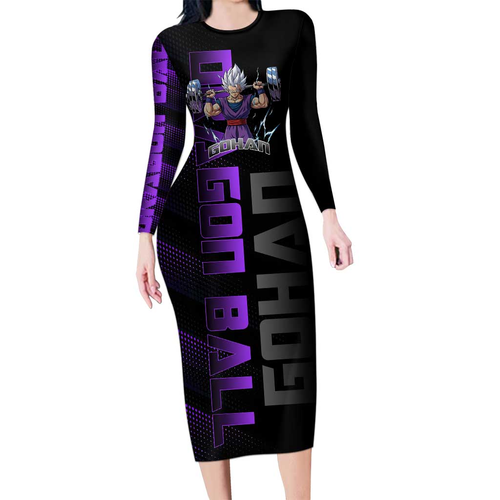 Gohan Dragon Ball Gym Theme Long Sleeve Bodycon Dress with Dumbbell Power Lift and Electric Aura on Black and Purple Design - The Mazicc