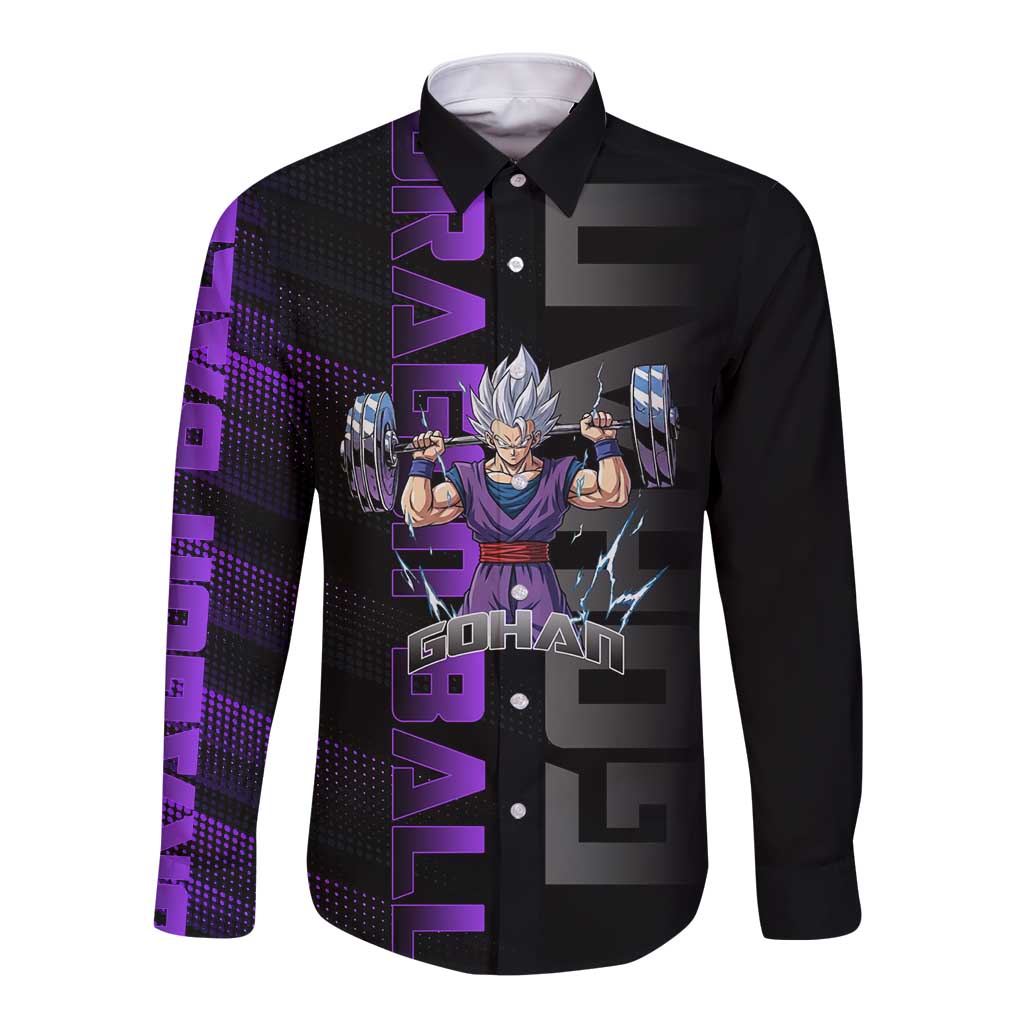 Gohan Dragon Ball Gym Theme Long Sleeve Button Shirt with Dumbbell Power Lift and Electric Aura on Black and Purple Design - The Mazicc