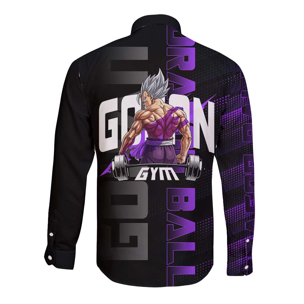 Gohan Dragon Ball Gym Theme Long Sleeve Button Shirt with Dumbbell Power Lift and Electric Aura on Black and Purple Design - The Mazicc