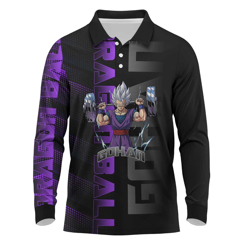 Gohan Dragon Ball Gym Theme Long Sleeve Polo Shirt with Dumbbell Power Lift and Electric Aura on Black and Purple Design - The Mazicc