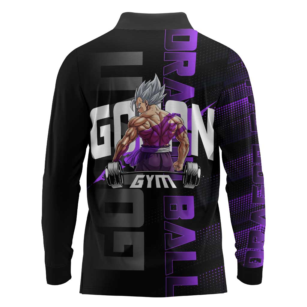 Gohan Dragon Ball Gym Theme Long Sleeve Polo Shirt with Dumbbell Power Lift and Electric Aura on Black and Purple Design - The Mazicc