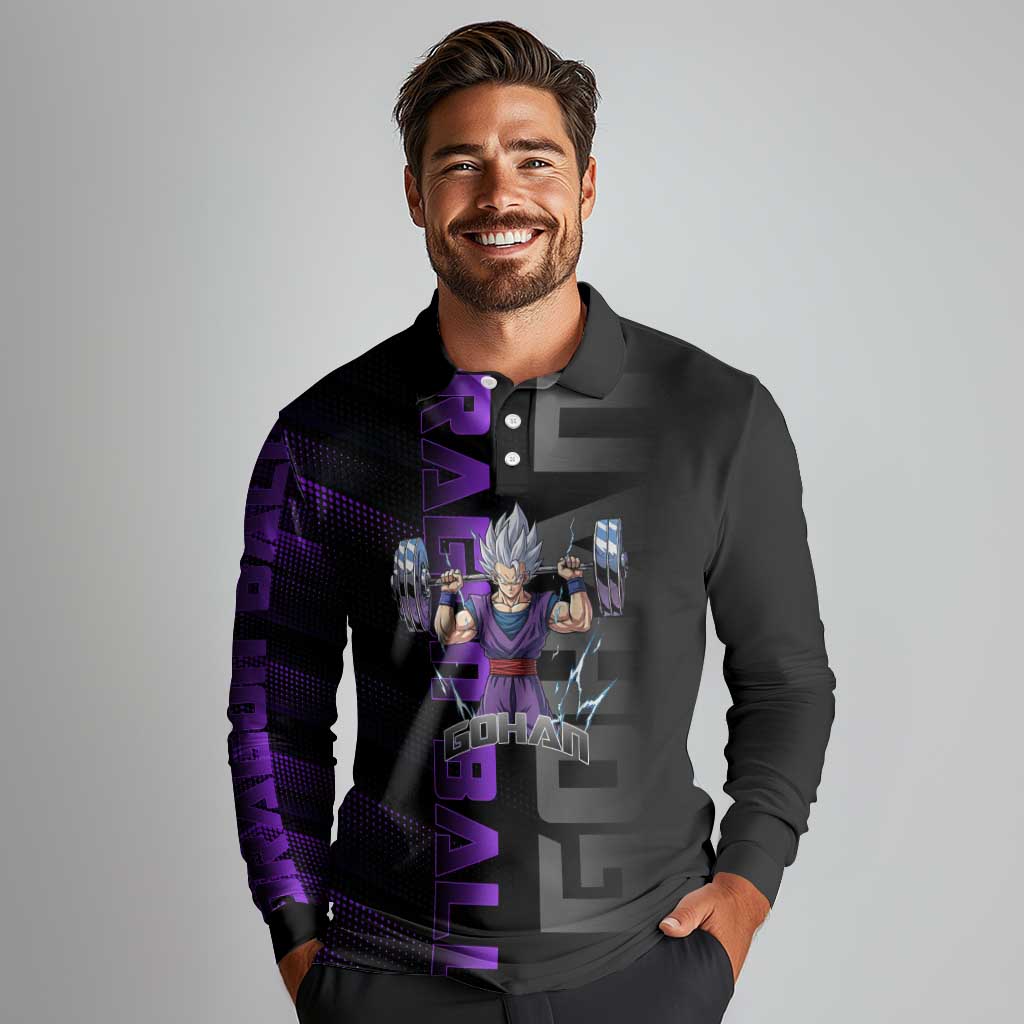 Gohan Dragon Ball Gym Theme Long Sleeve Polo Shirt with Dumbbell Power Lift and Electric Aura on Black and Purple Design - The Mazicc