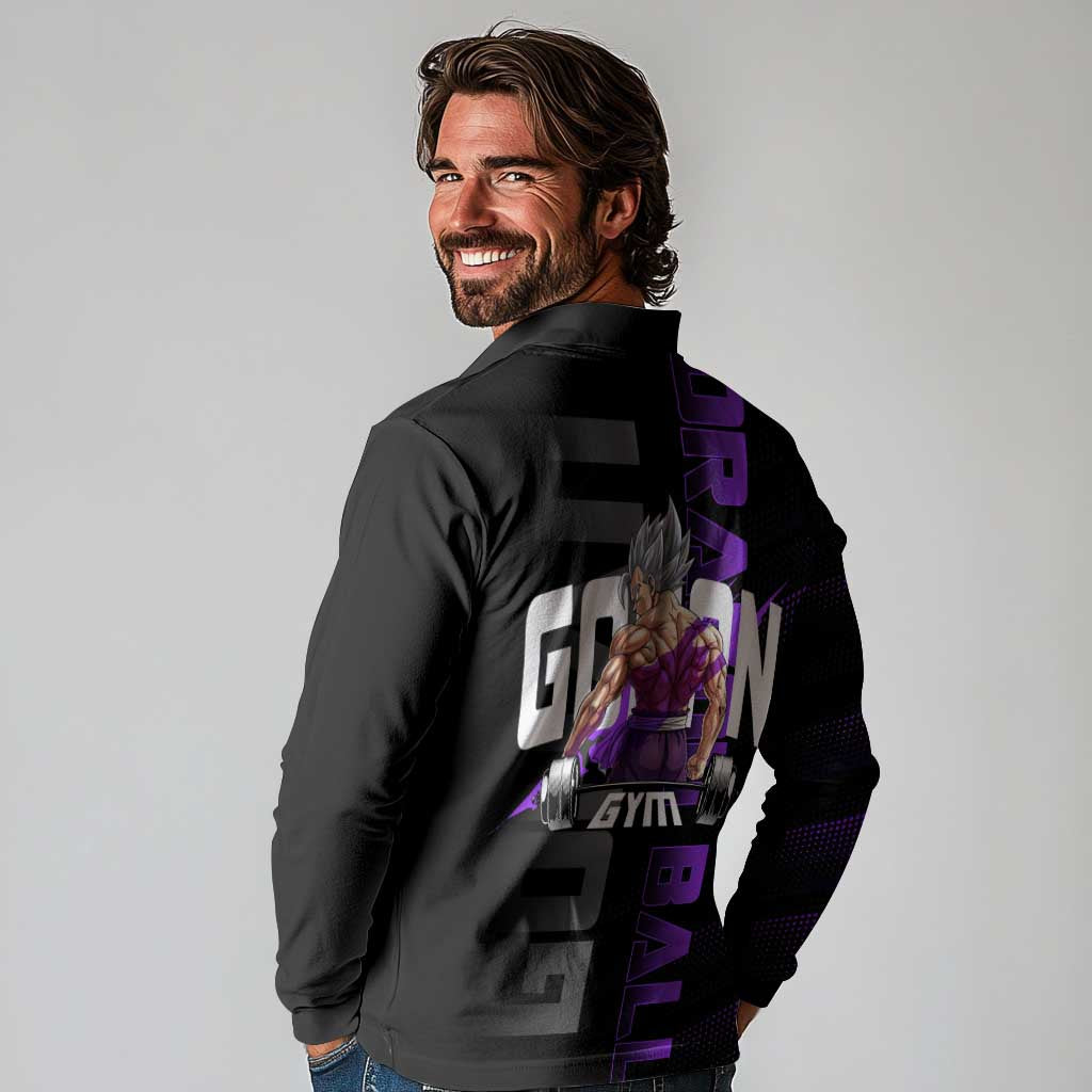 Gohan Dragon Ball Gym Theme Long Sleeve Polo Shirt with Dumbbell Power Lift and Electric Aura on Black and Purple Design - The Mazicc