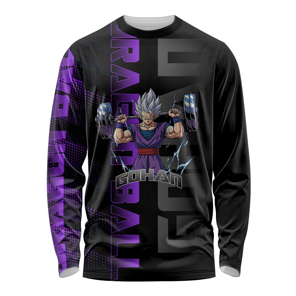 Gohan Dragon Ball Gym Theme Long Sleeve Shirt with Dumbbell Power Lift and Electric Aura on Black and Purple Design - The Mazicc