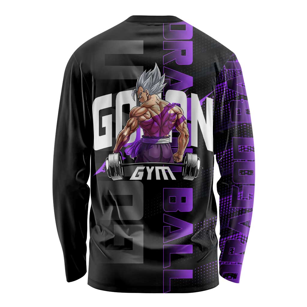 Gohan Dragon Ball Gym Theme Long Sleeve Shirt with Dumbbell Power Lift and Electric Aura on Black and Purple Design - The Mazicc