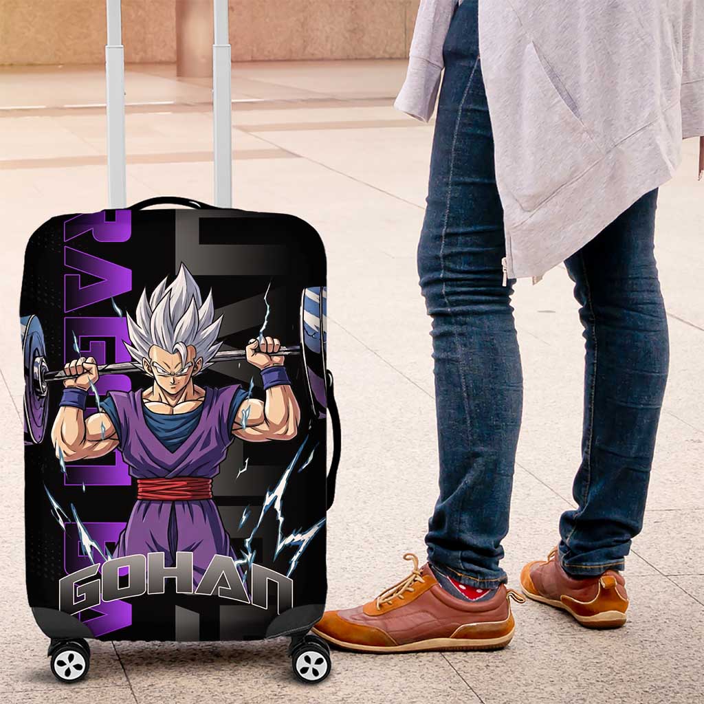 Gohan Dragon Ball Gym Theme Luggage Cover with Dumbbell Power Lift and Electric Aura on Black and Purple Design - The Mazicc
