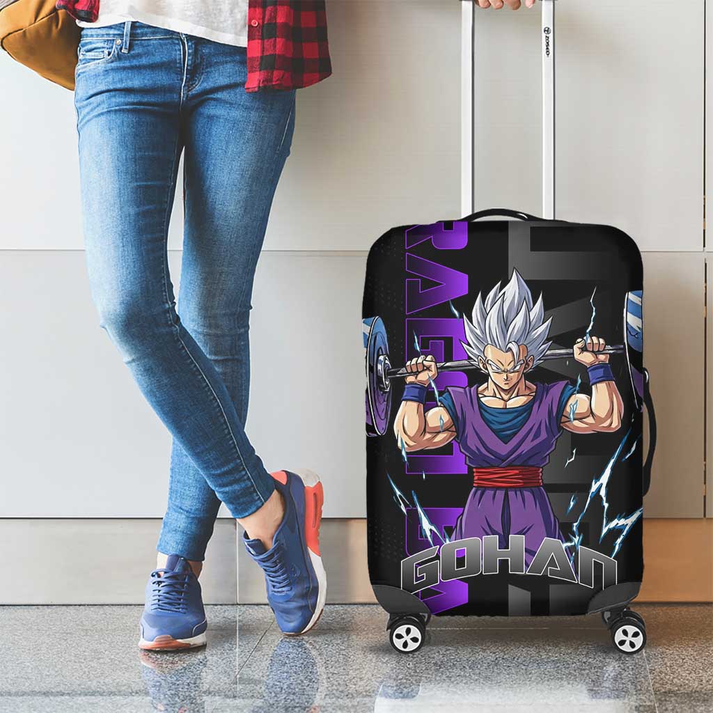 Gohan Dragon Ball Gym Theme Luggage Cover with Dumbbell Power Lift and Electric Aura on Black and Purple Design - The Mazicc