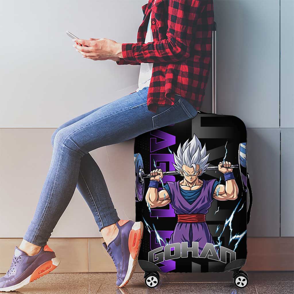 Gohan Dragon Ball Gym Theme Luggage Cover with Dumbbell Power Lift and Electric Aura on Black and Purple Design - The Mazicc