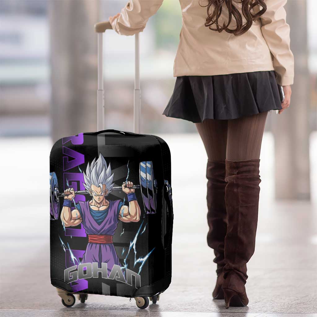 Gohan Dragon Ball Gym Theme Luggage Cover with Dumbbell Power Lift and Electric Aura on Black and Purple Design - The Mazicc