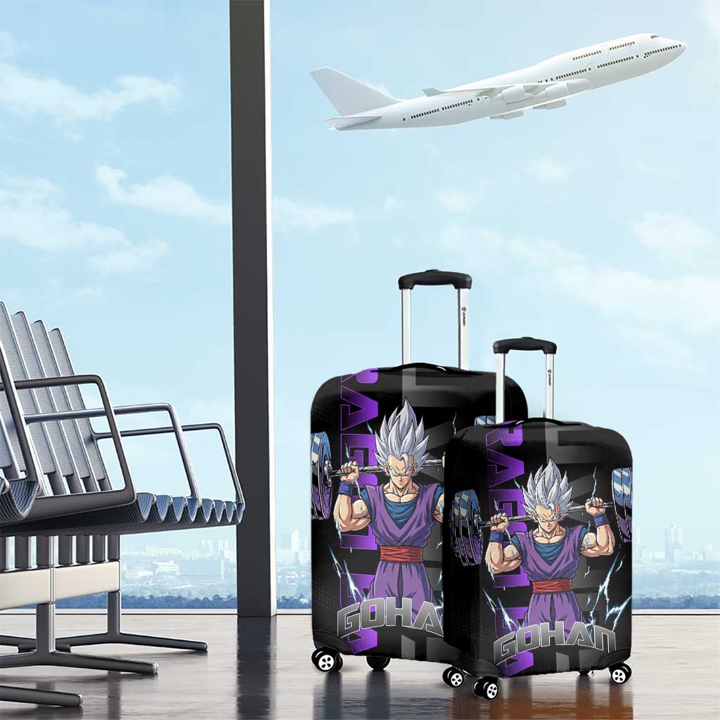 Gohan Dragon Ball Gym Theme Luggage Cover with Dumbbell Power Lift and Electric Aura on Black and Purple Design - The Mazicc