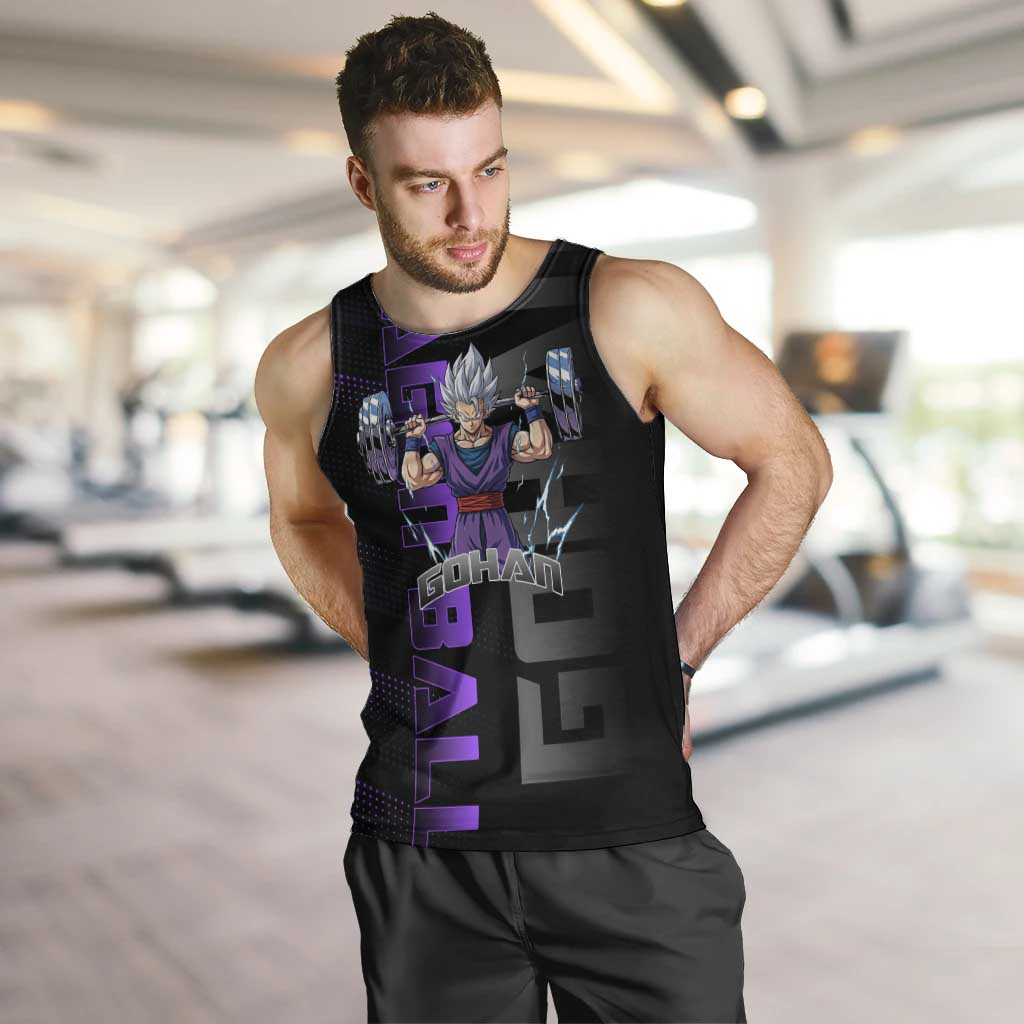 Gohan Dragon Ball Gym Theme Men Tank Top with Dumbbell Power Lift and Electric Aura on Black and Purple Design - The Mazicc