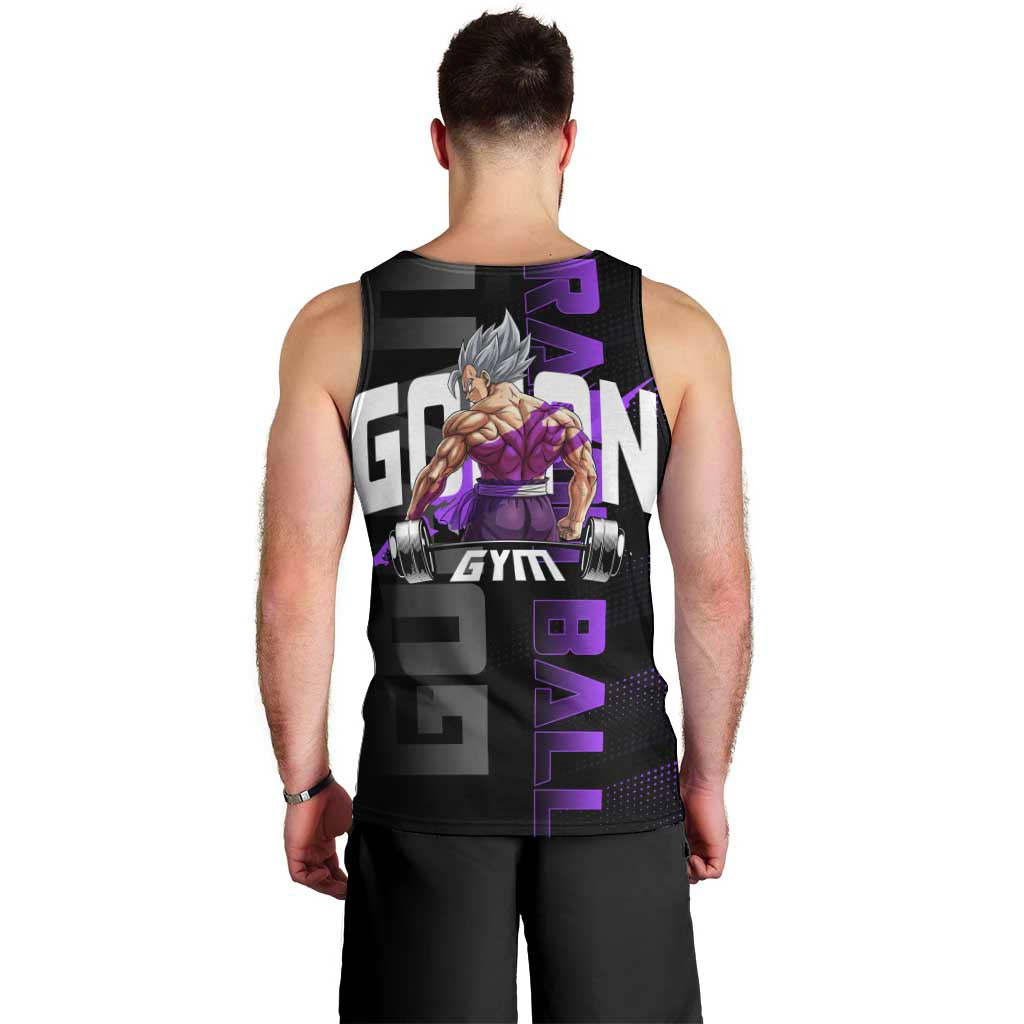 Gohan Dragon Ball Gym Theme Men Tank Top with Dumbbell Power Lift and Electric Aura on Black and Purple Design - The Mazicc