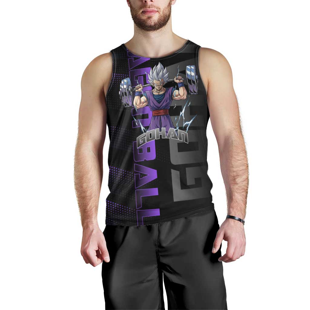Gohan Dragon Ball Gym Theme Men Tank Top with Dumbbell Power Lift and Electric Aura on Black and Purple Design - The Mazicc