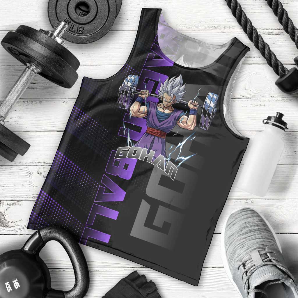 Gohan Dragon Ball Gym Theme Men Tank Top with Dumbbell Power Lift and Electric Aura on Black and Purple Design - The Mazicc