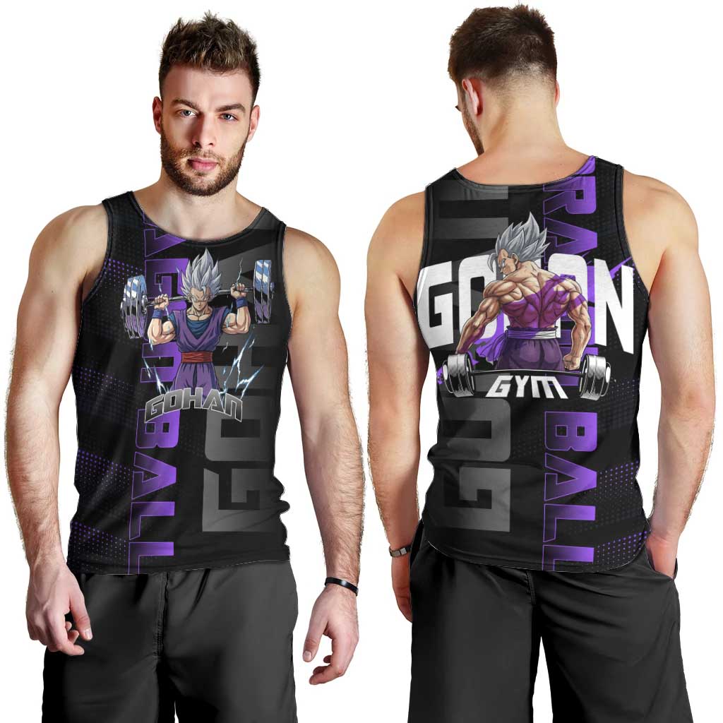 Gohan Dragon Ball Gym Theme Men Tank Top with Dumbbell Power Lift and Electric Aura on Black and Purple Design - The Mazicc